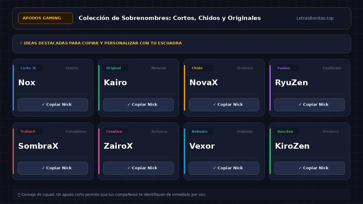 Tarjetas con apodos cortos para juegos listos para copiar