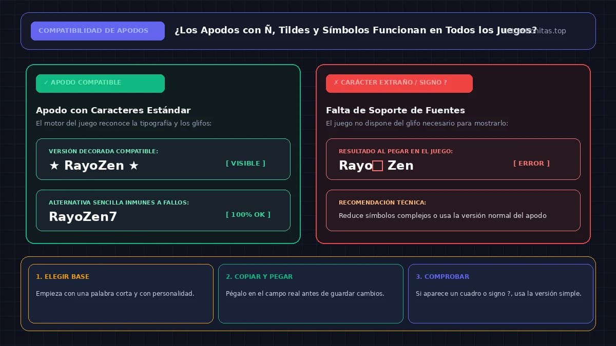Comparación entre un apodo decorado y una versión sencilla para comprobar compatibilidad.