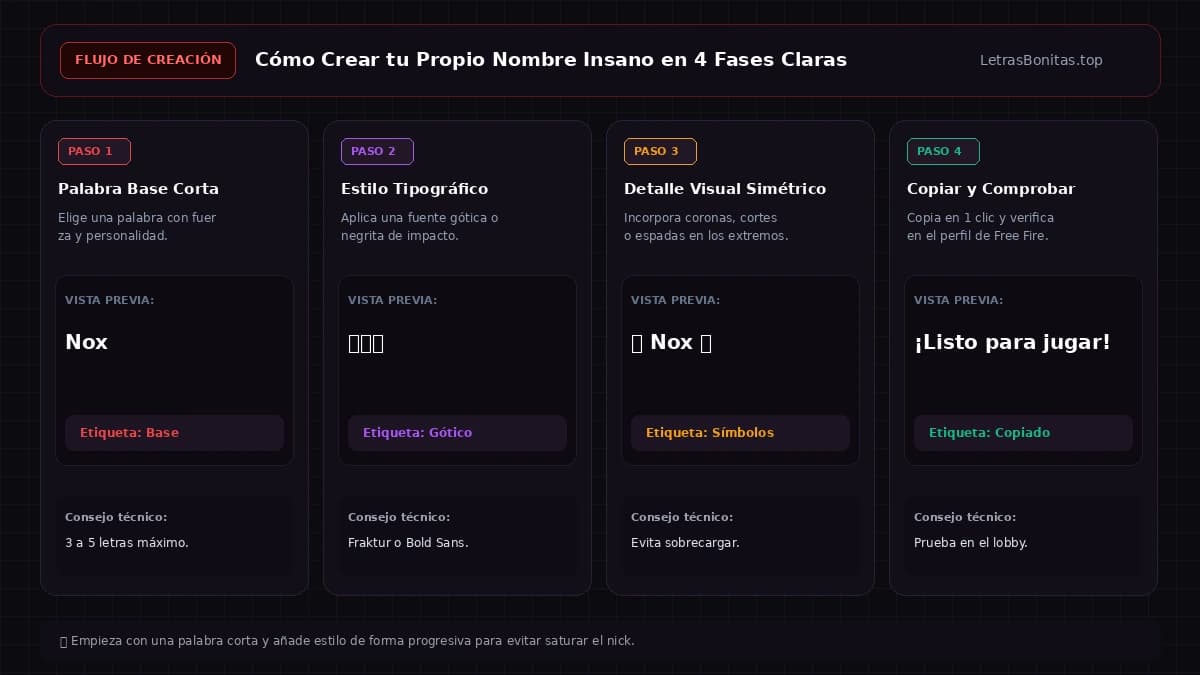 Proceso visual para transformar una palabra en un nombre insano personalizado.