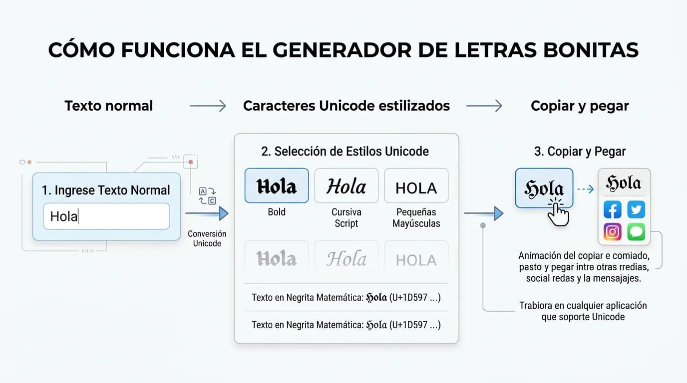Diagrama que explica cómo el texto normal se transforma en caracteres Unicode estilizados para copiar y pegar.