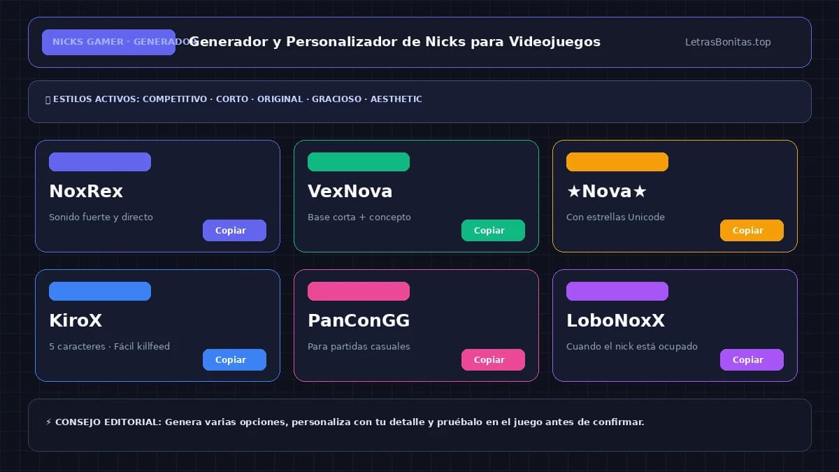 Generador de nicks para juegos con diferentes estilos y opciones para copiar