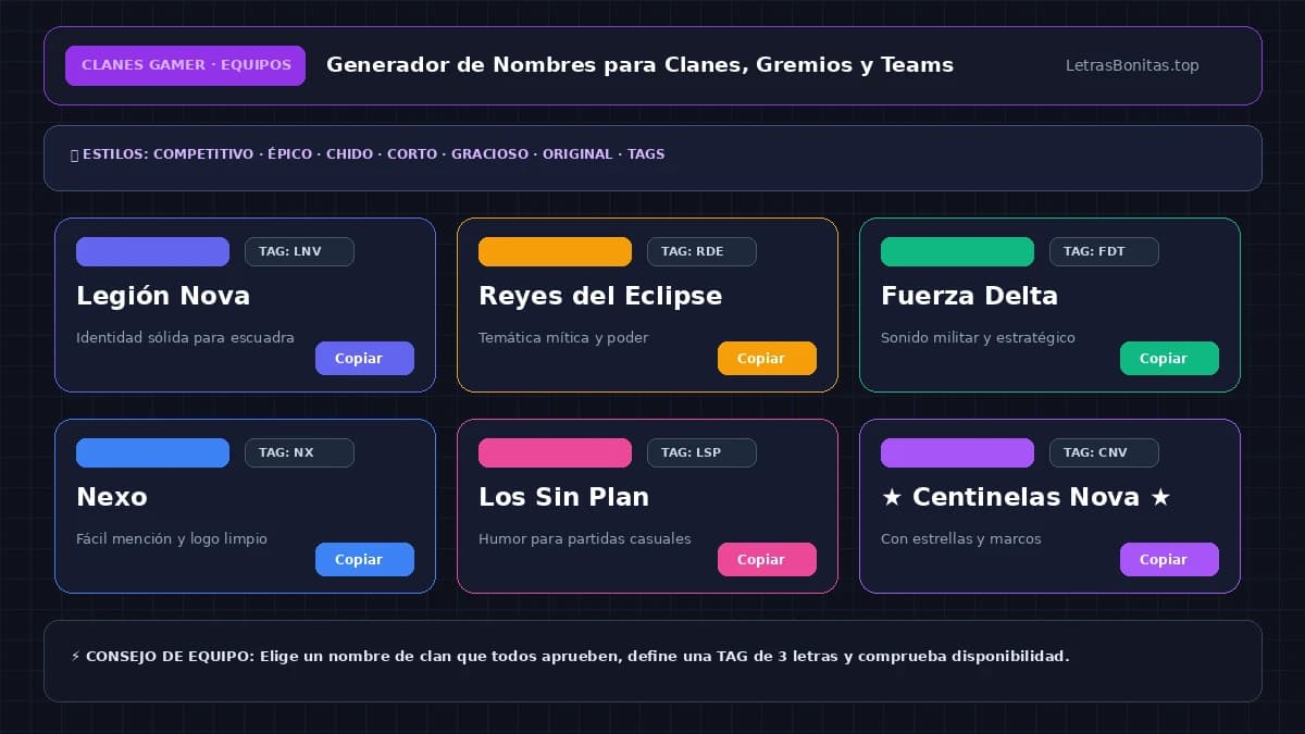 Generador de nombres para clanes con opciones de personalización y TAG.