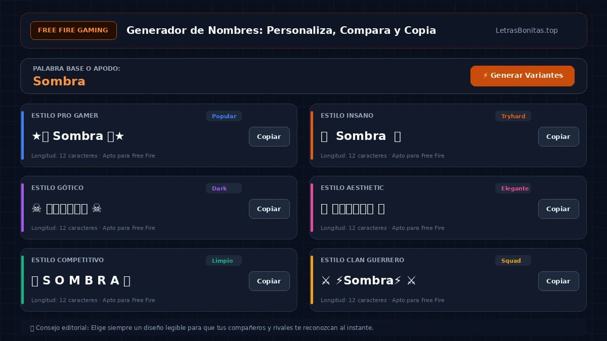 Ejemplo de un generador creando diferentes nombres para Free Fire.