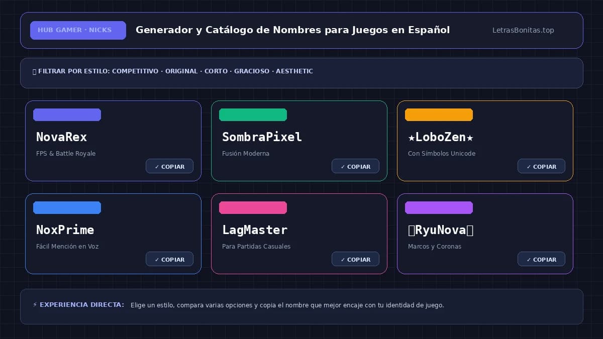 Generador de nombres para juegos con diferentes estilos de nicks para copiar