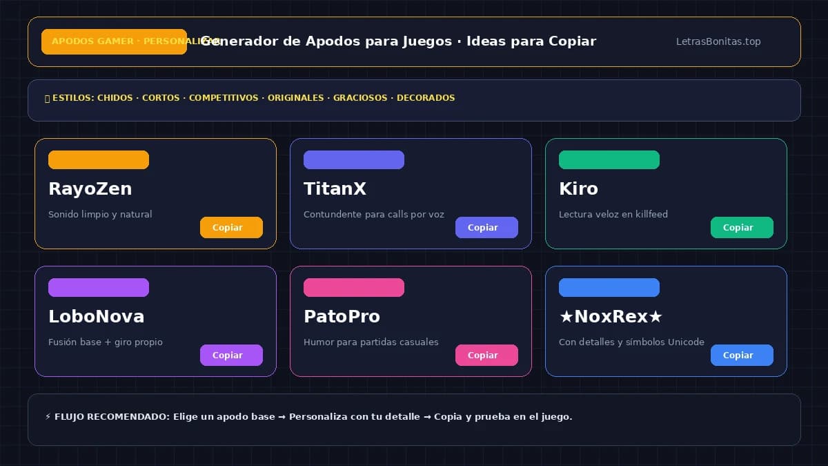 Generador de apodos para juegos con opciones para copiar y personalizar.