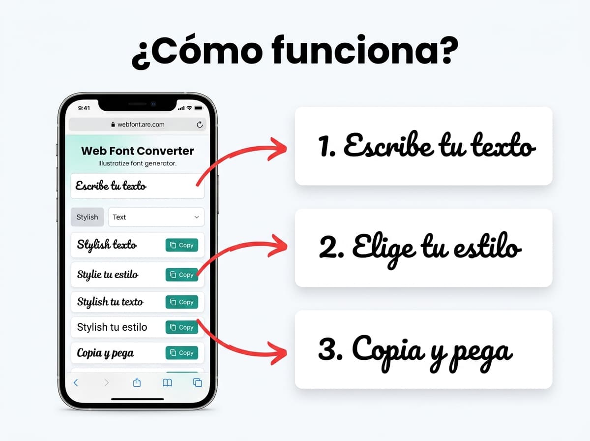 Infografía paso a paso de cómo funciona el generador de tipos de letras: 1. Escribe tu texto, 2. Elige tu estilo, 3. Copia y pega