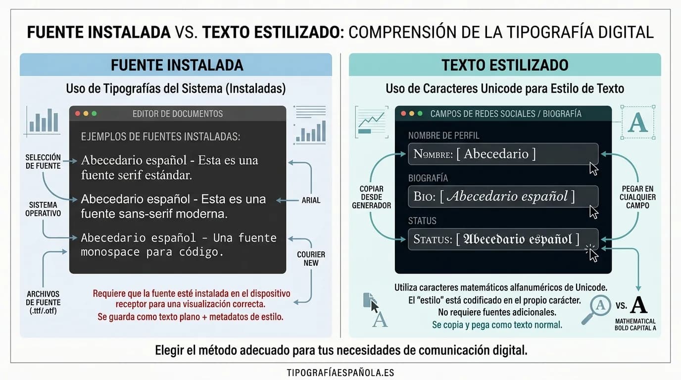 Comparación entre una fuente instalada y caracteres Unicode estilizados