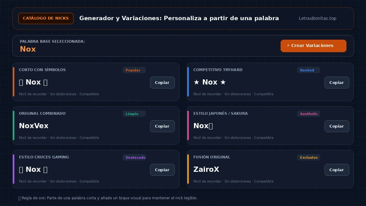Generador visual para crear y copiar un nombre personalizado para Free Fire.